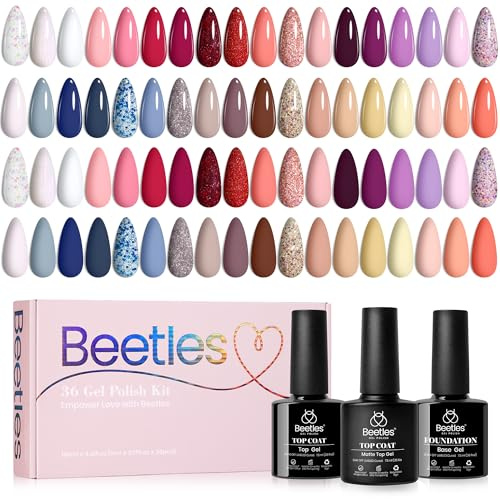 beetles Gel Polish Nail Set 36 Colors Lingering Grace Collection Pink Red Purple Girly Elegant Sparkle Glitter All Seasons Diy Manicure Kit with 3Pcs Base Top Coat