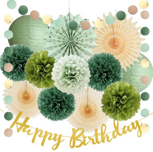Decorazioni di compleanno verde oliva per donne retrò verde oliva salvia decorazioni per feste di compleanno lanterne di carta beige crema fan pom pom ghirlanda di carta kit per ragazze