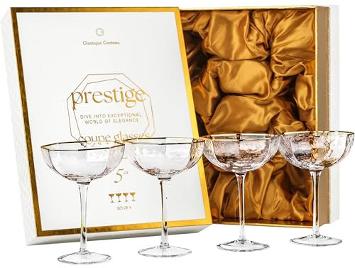 Kleine 150 ml Prestige Espresso Martini Gläser mit Goldrand für Daiquiri, Cocktail, Champagner | 4er Set | Achteckige Kristall Coupe Gläser mit Langen Stiel | Elegante Martinigläser