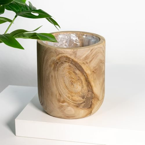 DARO DEKO Holz Blumentopf braun rund - Mittelgroß - Für Innen und Außen - Ideal als Über-Topf oder direkt bepflanzen - Mit durchsichtigem Einsatz - Ø 19cm x Höhe 20cm