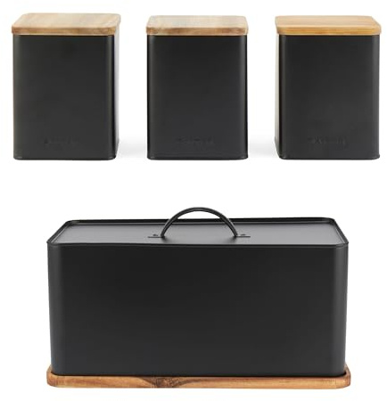 Salter Toronto 4-Piece Countertop Set – Bread Bin, Tea, Sugar, Coffee Canisters, Storage Containers, Powder Coated Black Finish, Built in Chopping Board for Cutting/Serving, Black/Wooden COMBO-9349