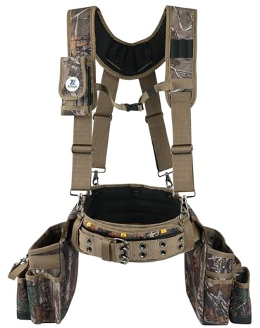 Zeluga 20-523 Large Pockets Tool Belts for men with Suspenders, 4 Padded Toolbelt, Steel Hammer Holster, Carpenter Tool Pouch, Professional Tool Vest for men Construction, Camo