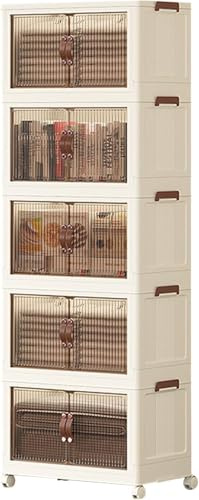 Roqao Aufbewahrungsbox mit Deckel 68L*5 Faltbare Aufbewahrungsbehälter mit Magnetische Tür Plastikbox mit Rollen Ordnungsboxen mit Deckel Stapelbare Aufbewahrung für Schlafzimmer Wohnzimmer Weiß