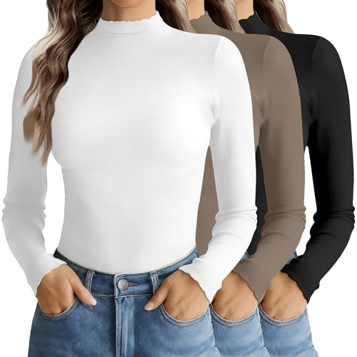 Turtleneck Tops for Women Long Sleeve Mock Neck Shirts Undershirts 3 Pack