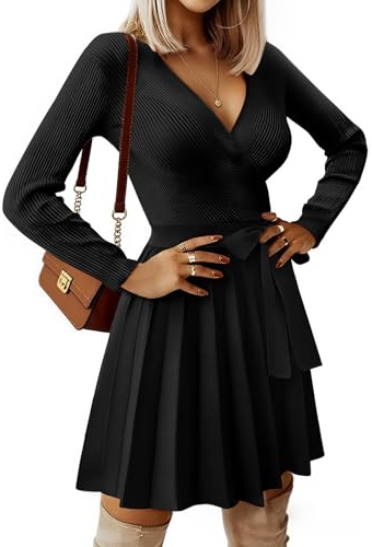 heekpek Robe Pull Femme Hiver Col en V Robes à Manche Longue Sexy Robe Femme Chic et Elegant Automne Elegante Tricot Plissée Jupe avec Ceintures, Noir, XXL