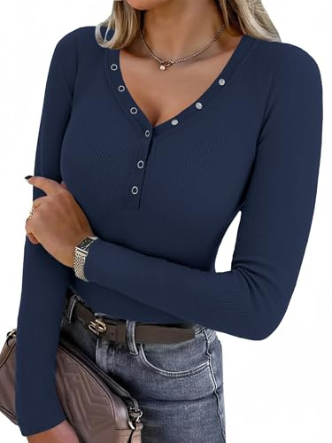 Aottori Camiseta de Mujer Manga Larga Acanalado Elástico Detalle de Botones | Cuello V, Corte Ajustado, Estilo Casual, Estilo Elegante, Forma de Túnica, para Uso Casual