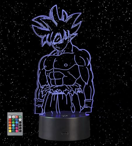 HooJtny Goku Lámpara 3D LED, Luz Nocturna Infantil 16 Colores con Control Remoto, Lámpara de Mesita para Dormitorio, Decoración Habitación Niños Anime, Regalo para Niños y Fans