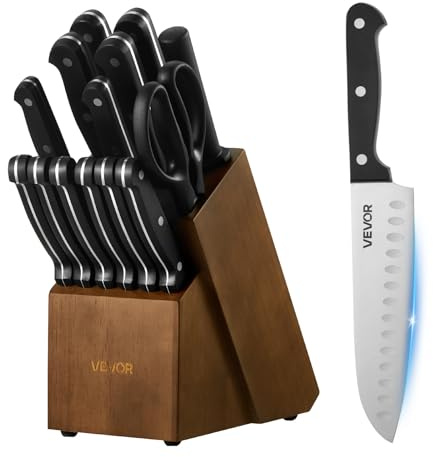 VEVOR Set di Coltelli da Cucina con Ceppo Portacoltelli Legno di Gomma e Acciaino da 15 Pezzi in Acciaio Inossidabile ad Alto Tenore di Carbonio, Coltello da Cucina con Impugnatura Ergonomica in ABS
