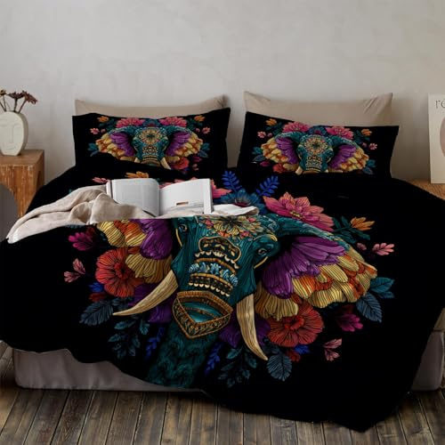 Twin Duvet Cover Sets - Mandala Elephant Pattern Print Reversible Duvet Set (1x Quilt Cover, 1 x Pillowcases) Soft Microfibre Bedding Bed Set 68x 90, Blue-Green
