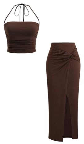 GORGLITTER Summer 2 Piece Outfit Co Ord Skirt and Top Sets Coord Sets | Halter Crop Tops, Twist Wrap Long Skirt, Party Club Outfits, Two Piece Outfits for Holiday, Vacation, Going Out