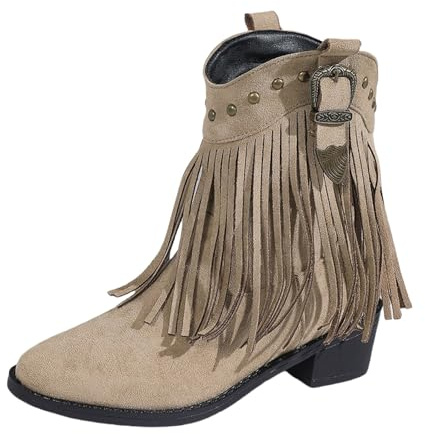 Bottines western à franges pour femme avec boucle latérale et talon bloc bas | Bottines western à franges pour femme avec boucle latérale et talon bas pour les tenues décontractées et quotidiennes