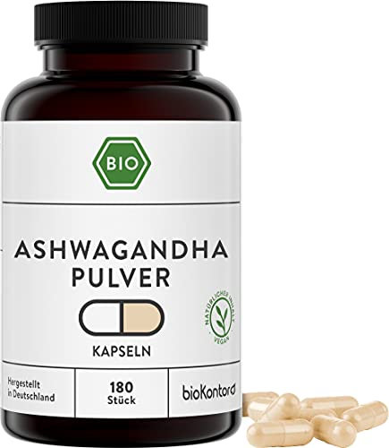 Ashwagandha Kapseln BIO | 180 Stück vegane Kapseln | 1500 mg je Tagesdosis | ohne Zusätze | in Deutschland hergestellt | bioKontor