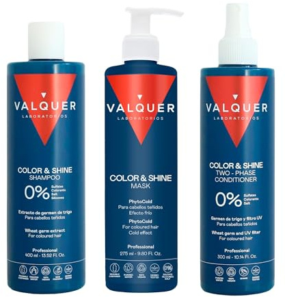 Valquer Pack Potenciador Color y Brillo para Cabello Teñido Hidrata y Revitaliza. Champú 400 ml, Mascarilla 275 ml y Acondicionador Bifásico 300 ml Fórmula Zero con Extracto de Germen de Trigo. Vegano
