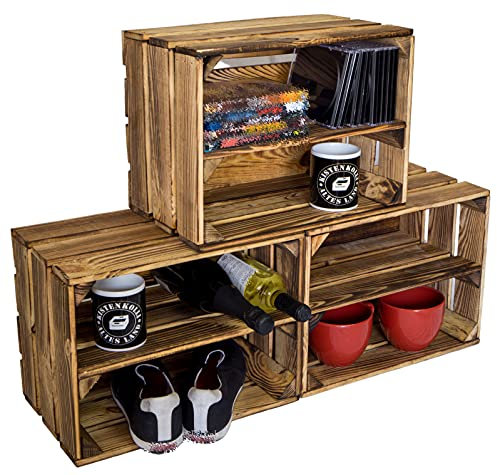Holzkiste Bella geflammt40 x 30 x 25cm Weinablage Weinaufbewahrung Kindeschuhregal Bücherregal Ablageregal Möbel-Kiste | Wein-Kiste | Obst-Kiste | Apfel-Kiste (3er set, Bella mit Längsbrett)