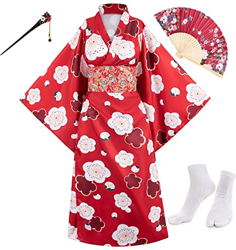 Japanese Anime Women's Long Kimono Robe Fancy Dress Hand Held Silk Folding Fans Tabi Socks Hairstick Set Sakura Red