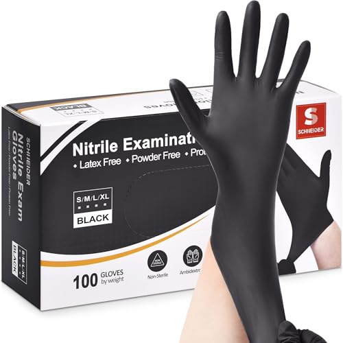 Schneider Nitrile Exam Gloves, 4 Mil Black Gloves Disposable Latex Free Powder Free, Food Safe for Cooking, Food Prep, Clean (100, Medium)