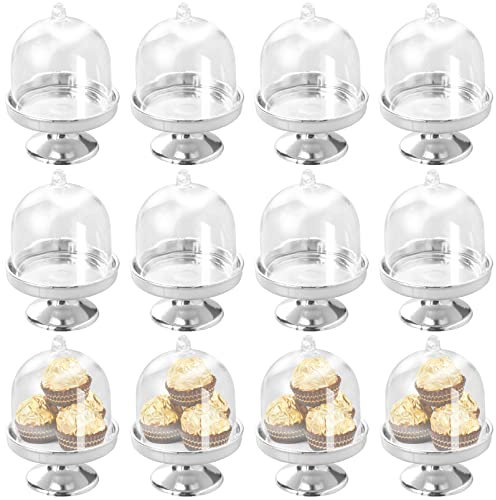 12 Mini Soporte para Tartas Plástico, Pequeño Campana de Pastel ,Soporte para Pastel,Soporte para Dulces con Cubierta de Domo , para Chocolate, Queso, Macarrones de Coco, Bolas de Ron - Plateado