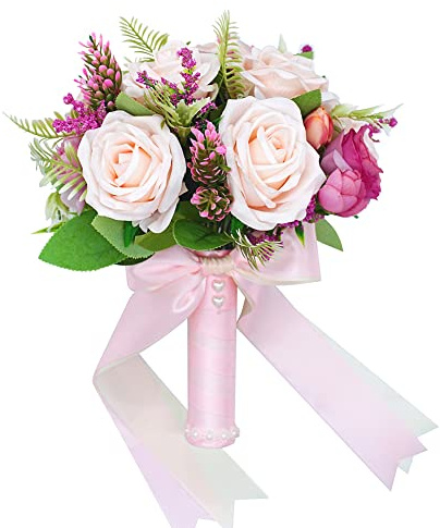 Floinla Ramos de Boda de Color Rubor y Magenta para Novia, Dama de Honor, Rosas Artificiales, Ramo de Flores de Novia para rústico, francés, Vintage, Formal, Boda, Iglesia, decoración del hogar