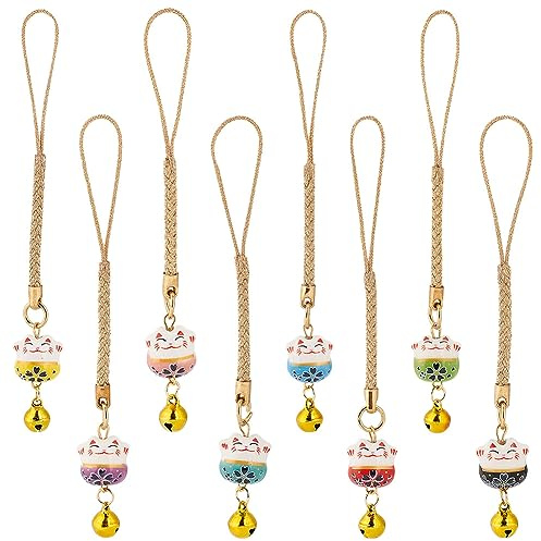 PH PandaHall 8pcs Lucky Cat Keychain Beckoning Cat Pendants Japanese Maneki Neko Fortune Pendants Keyrings Wealth Health Cats Ornament Mobile Phone Pendant for Cell Phone Backpack Wallet Christmas