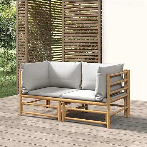 Homgoday trädgårdshörnsoffa med ljusgrå kudde, 2 st. Bambu modulär hörnsoffa, trädgårdssoffa, lounge, trädgårdsmöbler, enkel soffa, loungesoffa, fåtölj, hörnfåtölj, balkong, terrass, trädgård