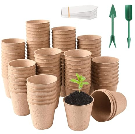 Lotvic 100 Pcs 8cm Fibre Seed Pots, Biodegradable Plant Pots, Seedling Pots with 100Pcs Plastic Plant Labels and Widger & Dibber, Fibre Seed Pots for Seedling Vegetables Succulents Plants Fruit Flower