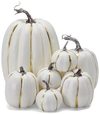 Nouvelle citrouille d'Halloween, décoration de citrouille artificielle 7 pièces, décoration de citrouille d'extérieur, grandes citrouilles en mousse,ensemble de décoration de citrouille (White Gold)