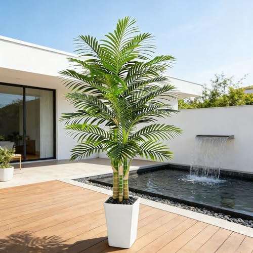 Artificial Golden Cane Palm Tree,6FT Artificial Plants with Tall White Pot