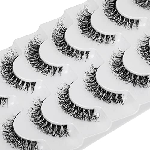 JIMIRE Lot de 7 paires de faux cils courts aspect naturel avec bande transparente Demi-Wispies effet œil de chat 3D duveteux 13 mm
