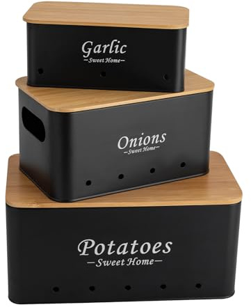 BAOCHADA Potatis-förvaringslådor set om 3, potatislagring vintage med bambulock, perfekt sätt för lök, potatis och vitlöksförvaring (svart)