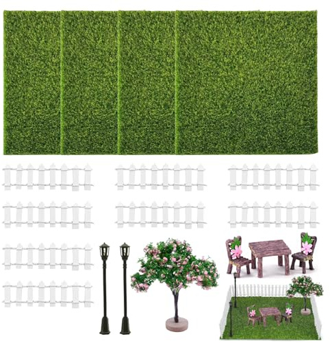 xolear 18 Piezas Accesorios de Jardín en Miniatura 15 X 15cm | Cesped Mini Hierba Artificial, Arboles en Miniatura, Farolas y Vallas para Decoración de Jardín DIY Arquitectura Paisajística