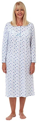 Marlon Women's Jessica Nightie - Classic Long Sleeve Jersey Nightdress For Cosy All-Year Comfort & Easy Dressing with Short Buttoned Opening, Blue (Blue 001), 22 (Size:20/22)