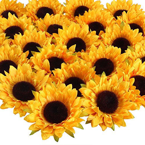 HUAESIN 24pcs Künstliche Sonnenblumen Kunstblumen Kopf 9cm Sonnenblumen Seidenblumen Sunflowers Plastikblumen Deko für Hochzeit Party Tischdeko Fotografie DIY Handwerk Dekoration