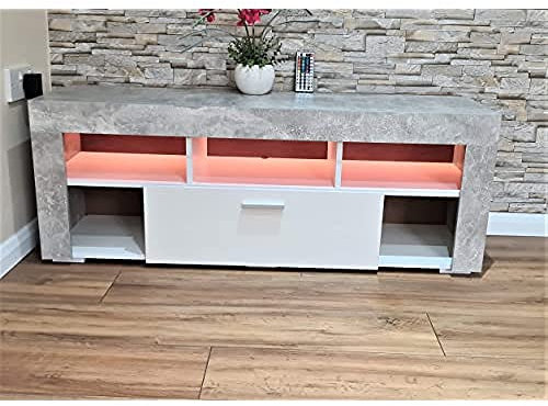 KOSY KOALA Modern stone grey LED TV Cabinets, 120CM TV Unit Cabinet Stand Matt Body High Gloss Door With RGB Led Lights Storage For Living Room (Stone grey/White)