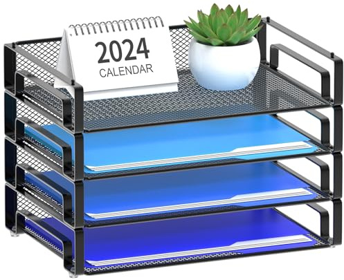 Samstar 4 Pack Stackable Letter Paper Tray, Desk File Organizer Paper Sorter for Letter/A4 Size Folders Documents, Mesh Made
