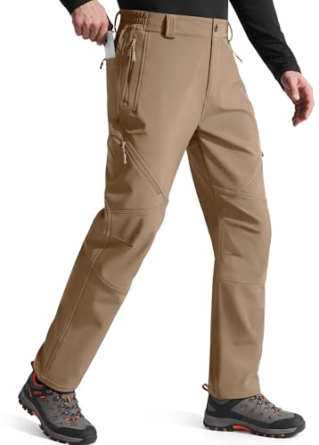 FREE SOLDIER Men's Fleece Lined Outdoor Cargo Hiking Pants Water Repellent Softshell Snow Ski Pants with Zipper Pockets(Mud 32W x 30L)