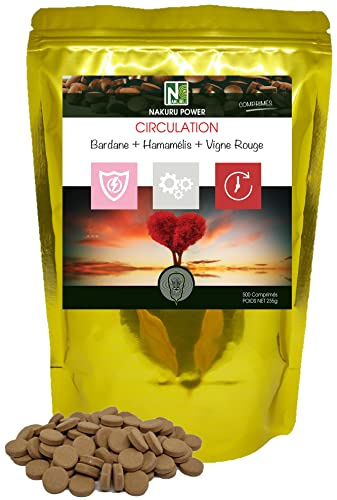 NAKURU | Circulation = Bardane + Hamamélis + Vigne Rouge | Gamme Power | Fabriqué en France | (500 Comprimés de 470mg / Poids Net: 235g)