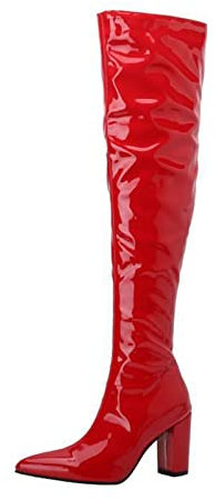Botas De Talla Grande Botas sobre La Rodilla 7CM Tacón Alto Charol Botas Largas Rendimiento Pole Dance,Rojo,45 EU