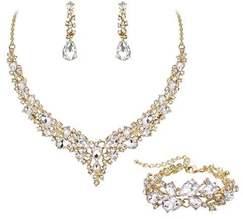 EVER FAITH Statement Halskette Ohrringe und Armband Set für Damen österreichische Kristall Tropfen Cluster Schmuckset Klar Gold-Tone