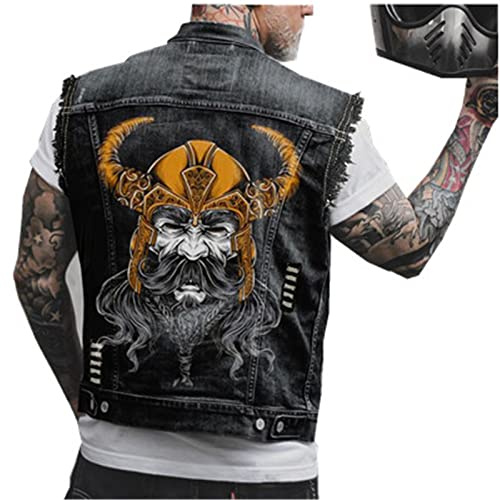 Men's Denim Gilets Ripped Denim Jacket Vintage Biker Racing Sleeveless Vest Viking Warrior Print Casual Street Cowboy Waistcoat