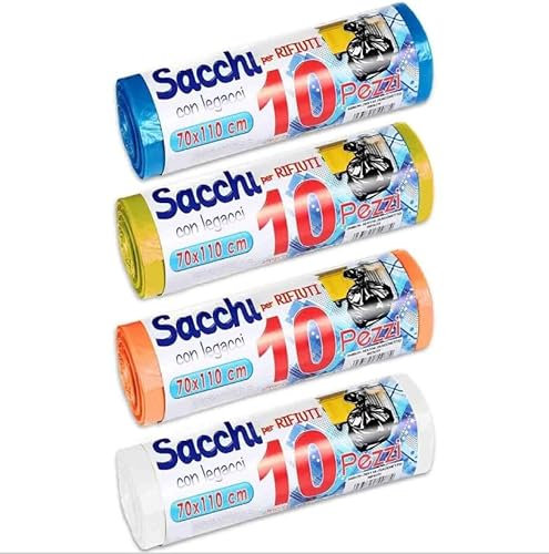 Kit 4 Confezioni 10pz Sacchi Rifiuti da 70x110 cm Lacci Legacci Condominiali Vari Colori Secchi Nettezza Immondizia Pattume Spazzatura Super Resistenti Antigoccia Raccolta Differenziata Colori Diversi