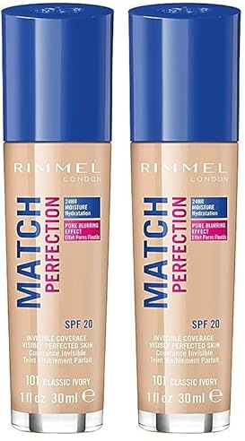 Rimmel - Fond de Teint Match Perfection - Couvrance Légère - Hydratation 24H - 101 Classic Ivory - 30ml (Lot de 2)