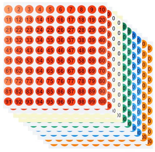 LuenHego Numeri adesivi, 10 fogli da 1 a 100 etichette autoadesive con numeri piccoli, rotondi, per ordinare e organizzare, 10 mm, 5 colori