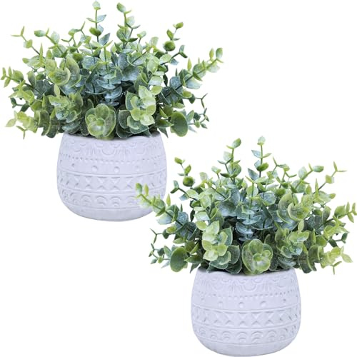 Winlyn Set of 2 Small Artificial Potted Plants Faux Eucalyptus Plant in White Geometric Ceramic Pots Small Desk Potted Plants 7.1 Tall for Home Office Room Decorations Wedding Greenery Centerpiece