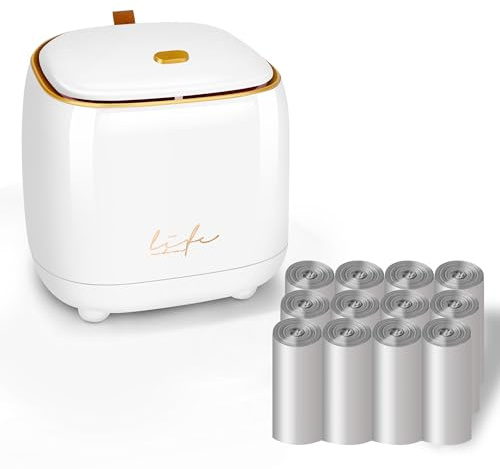 QINSIGN Mini Countertop Trash Can with 12 Rolls of Bags, Desk Can with Press Type Lid, Applicable for Bathroom Vanity Home Office (White)