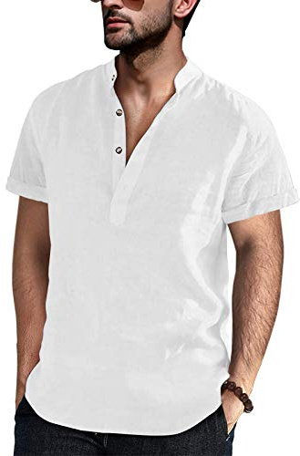Runcati Henley - Camicie da lavoro estive da uomo, a maniche corte, casual, con colletto, bianco, L