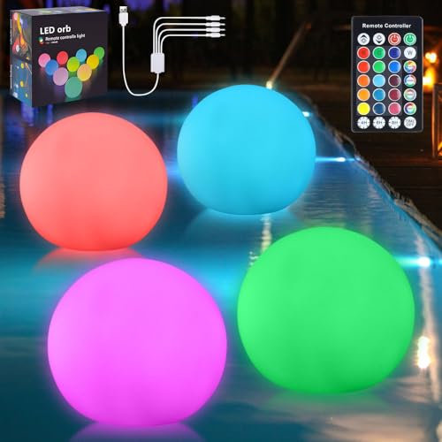 IXYHKB 4 Pièces Boule Lumineuse Exterieure, Lumière de Piscine Flottante avec Télécommande, Rechargeable par USB, 16 RGB Lampe Piscine LED Étanche IP68, Boule Lumineuse Jardin pour Piscine Étang Fête