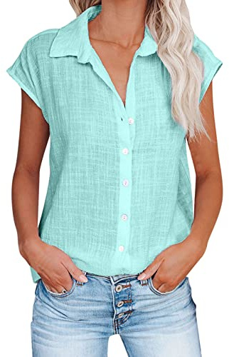Chemise Lin Femme Éte Chemisier Coton et Lin pour Femmes Col V avec Boutons Décontractés Tops Lâche Respirant T-Shirts Sans Manches Grandes Tailles Tunique Blouse Pas Cher (01 Menthe verte, XXL)