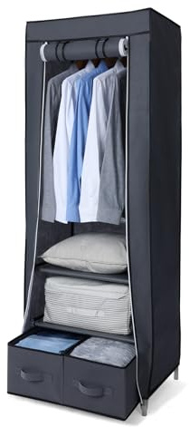 Hododou Portable Wardrobe Single Canvas Wardrobe Clothes Storage Organizer with 2 Drawers and Hanging Rail Foldable Closet for Clothes, Bags, Toys, Shoes, Living Room, Bedroom 160 x 59 x 43CM (Grey)