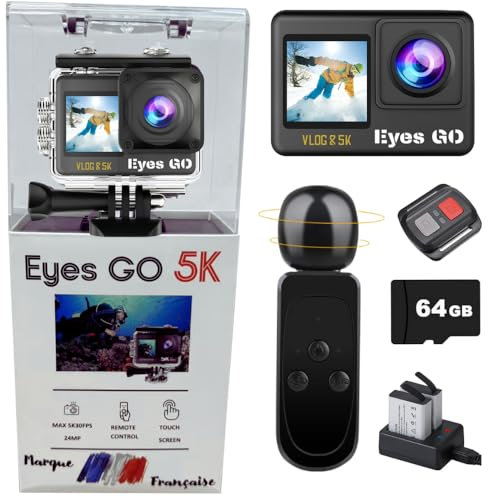 Eyes GO 5K Caméra Sport 5K30fps 4K60FPS 120FPS Marque FRANÇAISE 31 Accessoires Photo 50MP 2 Ecrans Tactile Vlog Télécommande Micro 360° Stabilisateur E.I.S 2.0 Étanche 30M Carte SDXC 64GO 2X1350mAh