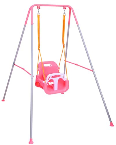 3-in-1 Toddler Swing Set, Metal A-Frame Hammock Chair Stand, Foldable Baby Swing Frame, Easy to Assemble & Store, Indoor/Outdoor Swing Stand for Toddler Baby Jumper Chair (Pink)